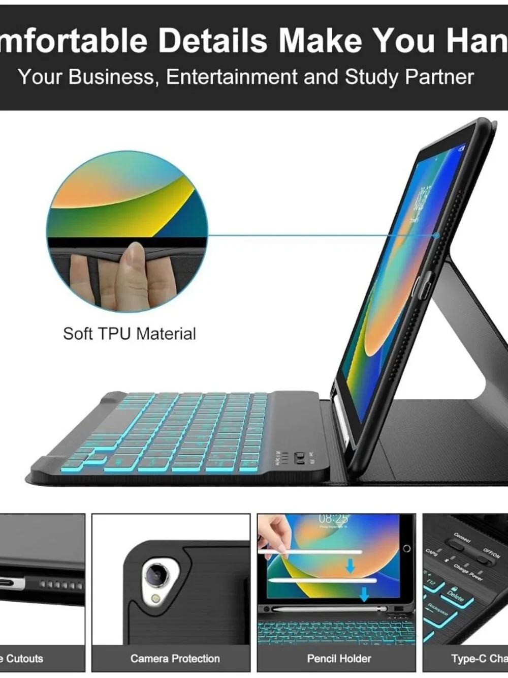 iPad 10.2 inch Case with Keyboard, Detachable Bluetooth Keyboard with 7 Color Ba